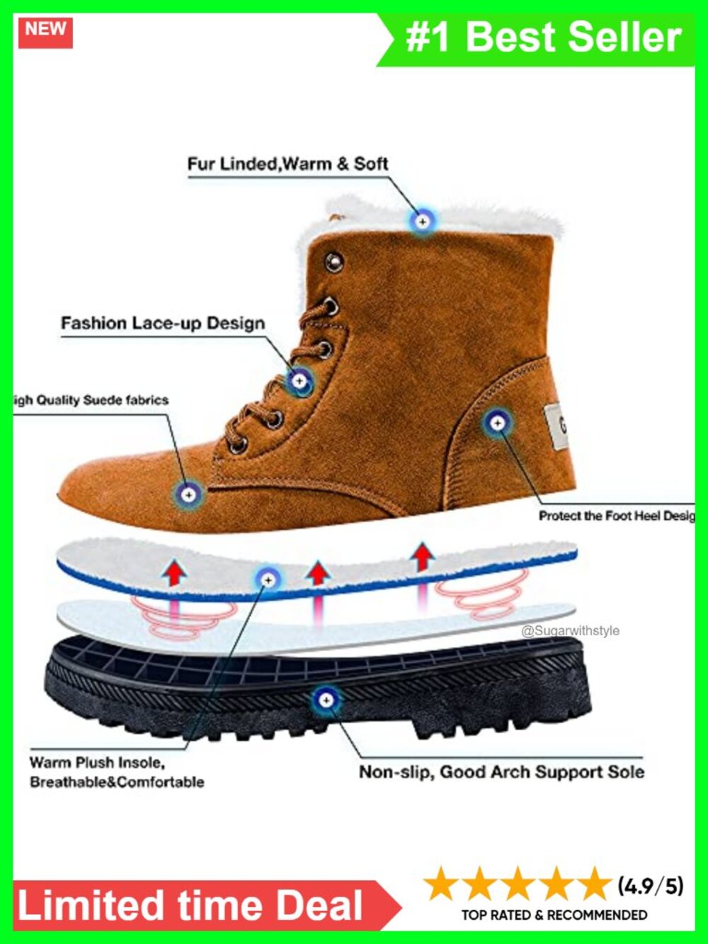 Winter Snow Boots Fur Lined Ankle Booties Lace Up Slip On Outdoor - Picture 4 of 6